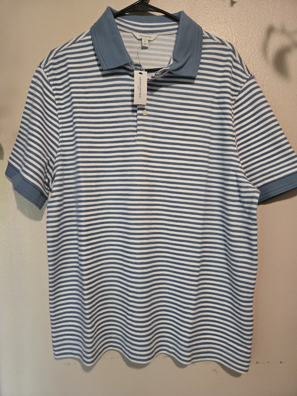 Banana Republic Large Light Blue and White Striped Polo NWT